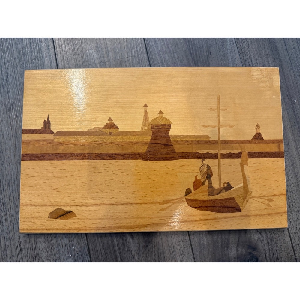 Vintage 1986 Soviet Russian Marquetry Wood Inlay Wall Art Panel Beriozka 15x19